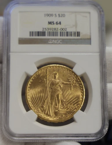 1909 S US $20 Saint Gaudens Gold Piece Lustrous NGC MS64 PQ
