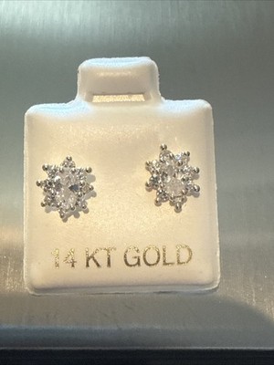 Kinder 14k massiv Gelbgold ovale Form weißer Stein umgeben von CZ Sones Ohrstecker