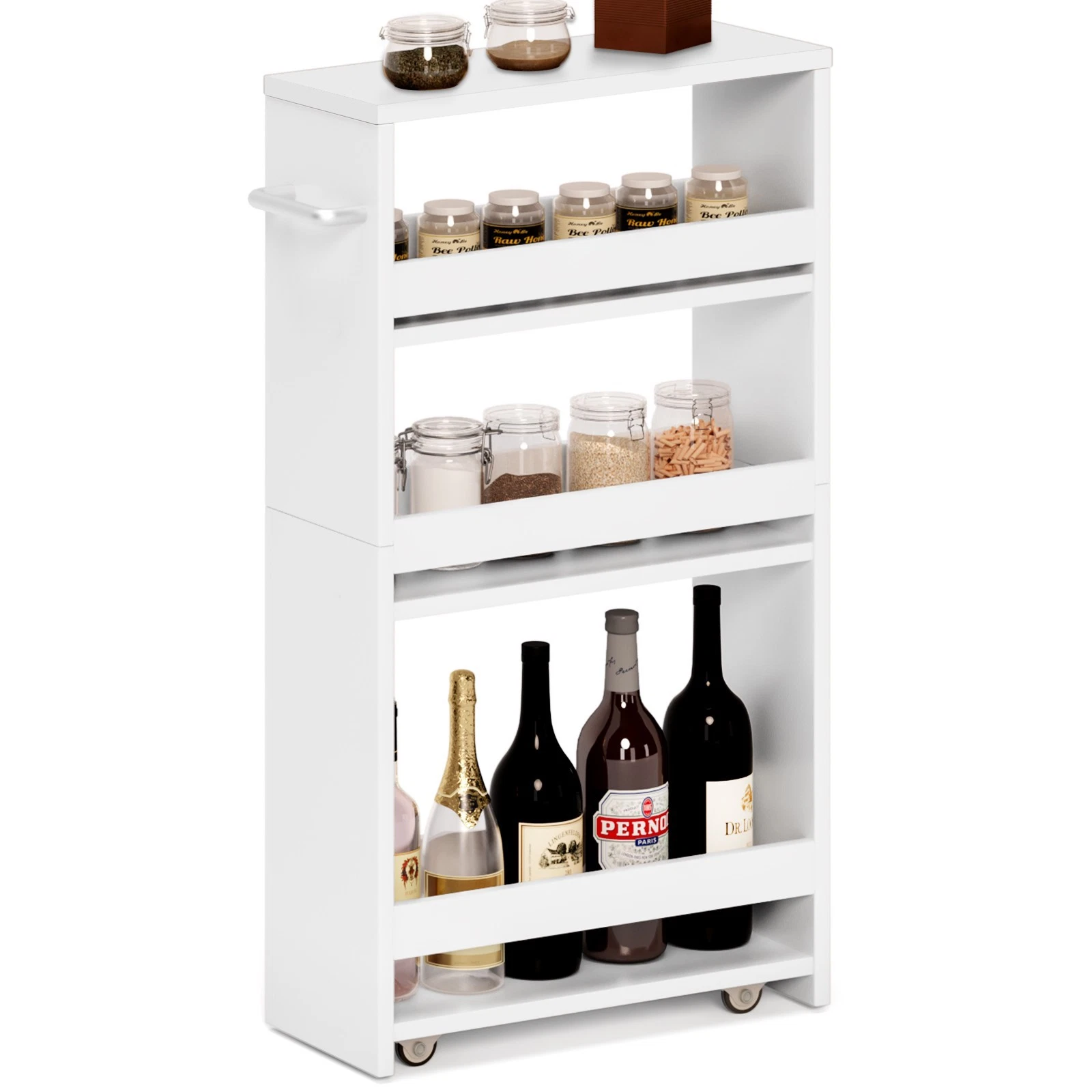 4 Tier White Slim Storage Cart with Handle, Slide Out Storage Rolling Cart