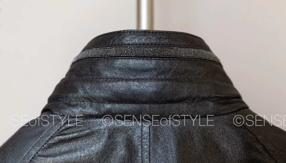 Chaqueta de Cuero Brunello Cucinelli Top Metálico Monili Trim Diseñador 42 M $8995  Foto 4 de 4