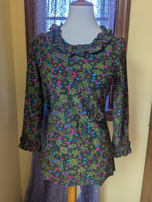 Vintage 70's Psychedelic Hippie Mode Ruffle Neck Top Brushed Cotton Top Sz XS/S