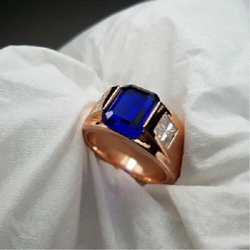 Anillo de compromiso de diamantes y zafiros azules talla esmeralda de 3 quilates de oro rosa de 14 quilates Foto 2 de 4