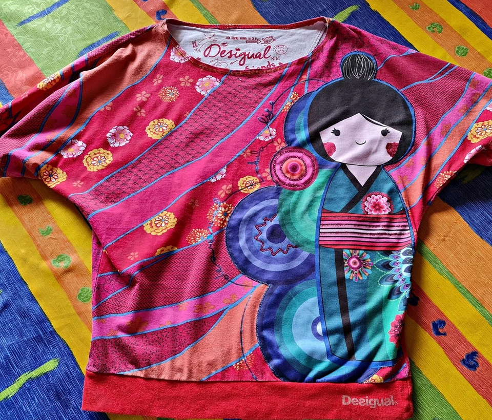 AUTHENTIC DESIGUAL JAPAN DOLL LOGO RED COTTON BLEND GIRLS TOP:US14/EU146 - Image 4 of 4