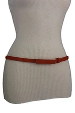 New Women Narrow Fashion Belt Orange Faux Leather Long Square Gold Buckle Size M