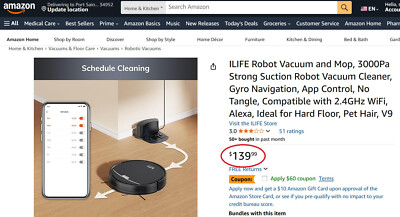 Robot Vacuum and Mop Combo, ILIFE V9 - 3000PA Strong Suction WiFi & Alexa NEW FL