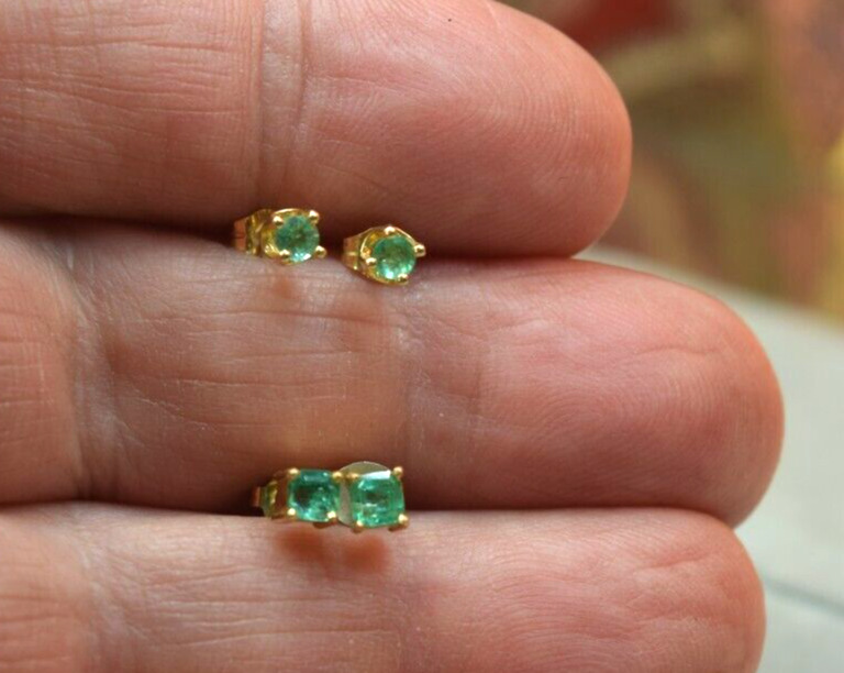 2 Pair 14K Gold Natural Emerald Post Earrings x 2… - image 2