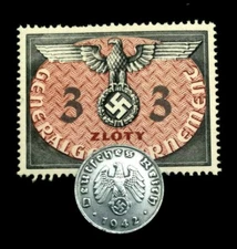 German WWII Rare 1 Rp Zinc Coin (1940-1945) & 3 Zloty Stamp MNH Historical Set