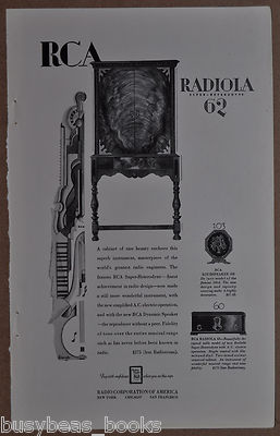 1928 RCA Radios advertisement, RCA RADIOLA 62 & 60 radio, 103 speaker, art deco