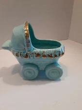 Blue Baby Buggy Carriage Planter Vintage Pottery Piece Unmarked Decor