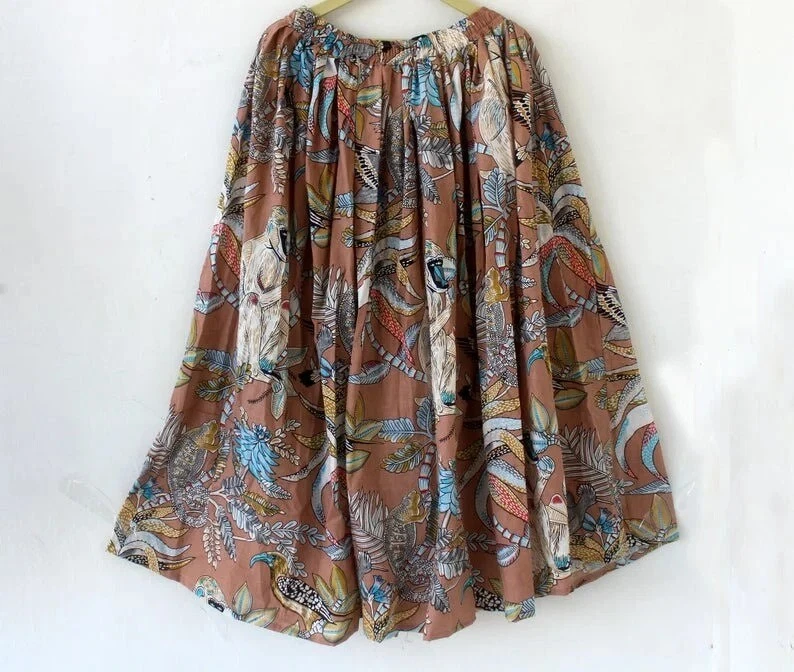 Indian Brown Floral Skirt Cotton Skirt, Long Skirt, Free Size Beachwear Skirt AU