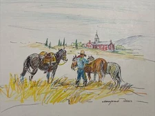 MARJORIE REED DRAWING LISTED FAMOUS Cowboy Church Landscape  Horses Rare