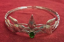 Greek Goddess Silver Laurel Wreath Leaf Headband with Green Stone Party Crown