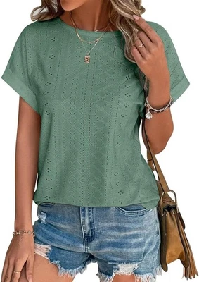 Womens Eyelet Embroidery Top Short Sleeve Curved Hem Loose Fit Summer T Shirt - Image 1 of 4