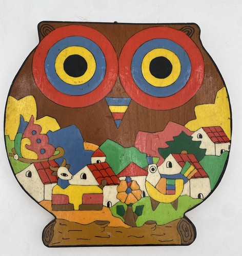 VTG El Salvador Folk Art Wood Plaque Wall Hanging Hand Painted OWL 7.25”x7.25”