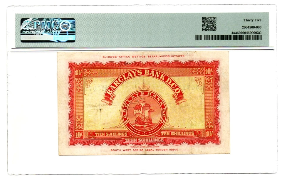 Southwest Africa Barclays Bank 10 Shillings 1.9.1956 Pick 4a PMG Choice VF 35 - Image 2 of 2