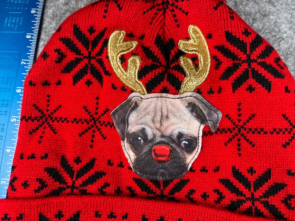 Pug Reindeer Beanie Toque Adult One Size Red Fair Isle Knit Acrylic Snow Ski Pom - Image 2 of 4