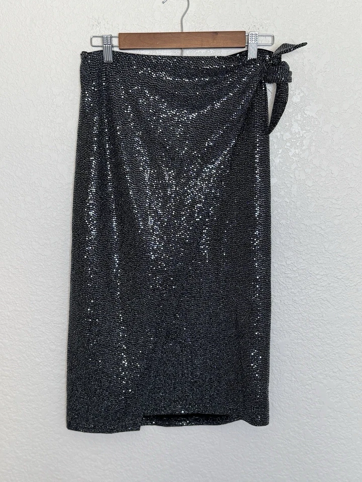 All Saints Skirt Allegra Gun Metal Metallic Shimmer Faux Wrap Size 6 Glam Edgy - Image 2 of 4