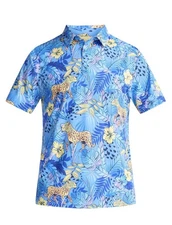 Birdie Bound Mens Jungle Leopard Azure Blue Printed Golf Polo Shirt Size 2XL
