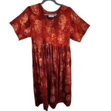 Smithsonian Institution Orange Short Sleeve Pleated Rayon Long Button Up Dress L