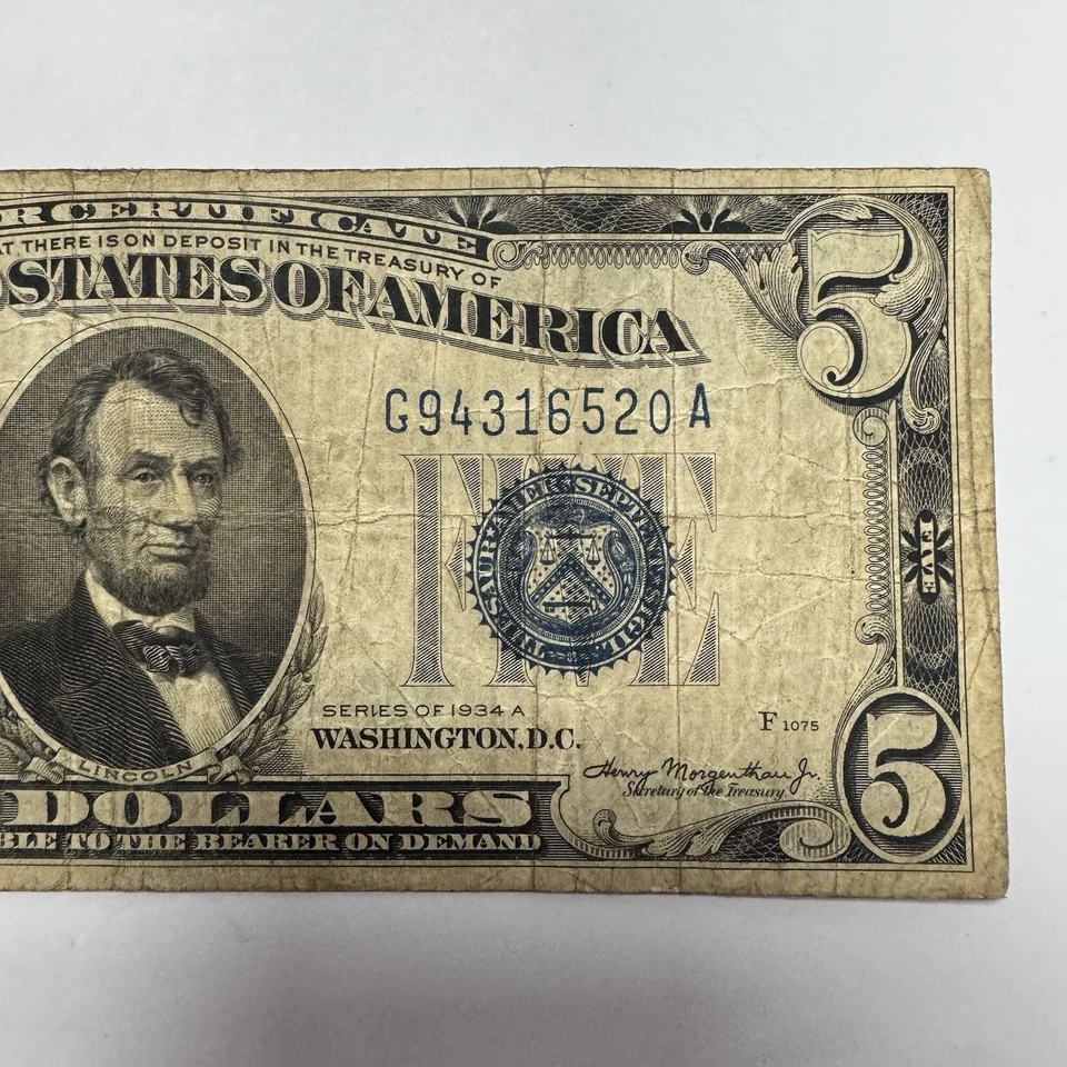 Billete de cinco dólares de plata certificado sello azul 1934 G94316520A Foto 3 de 4