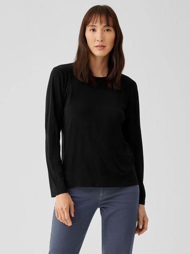Eileen Fisher Black Long sleeve washable silk crepe crewneck size L