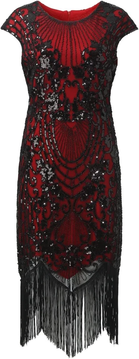 Abito glitterato da donna, con frange, scollo a V, anni '20, abito