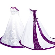 Satin Embroidery Wedding Dresses White Purple Strapless Sweep Train Bridal Gowns