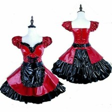 Red-Black Pvc Lockable Sissy Maid Dress Vinyl Uniform Tailor-Made:A