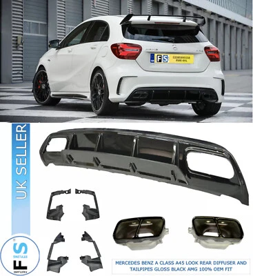 FLS REAR DIFFUSER FOR MERCEDES A CLASS W176 AMG A45 LOOK TAILPIPES GLOSS BLACK 12-18