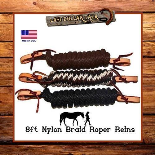 WESTERN TRAIL RIDE REINS ~ 8FT SOFT NYLON~CLOSED ~ LEATHER WATERLOOP CONNECTORS - Picture 1 of 1