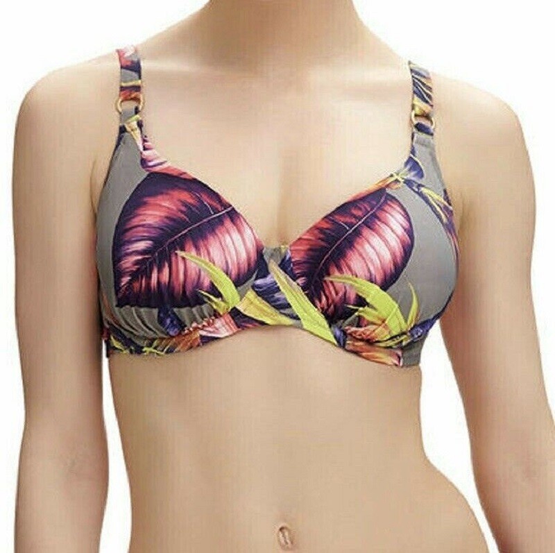 Fantasie Kuramathi Bikini Top Size 34E Tropical Print Multiway Plunge Bra 6116