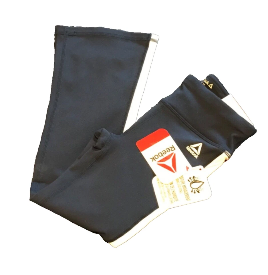 NIÑAS NUEVO REEBOK XS 4/5 ACAMPANADO LEGGINGS PANTALONES AZUL MARINO con LADO BLANCO RAYA COSTABA $14 Foto 2 de 4