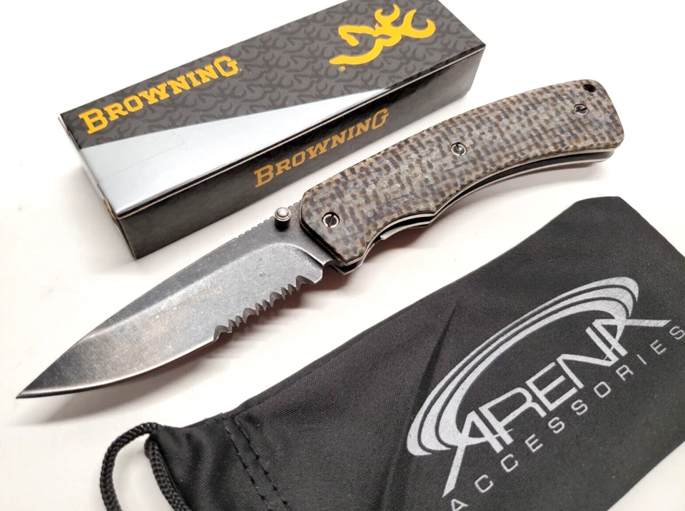 Browning Micarta Manual Open Ball Bearing Pocket Knife EDC Serrated Blade - Image 2 of 4