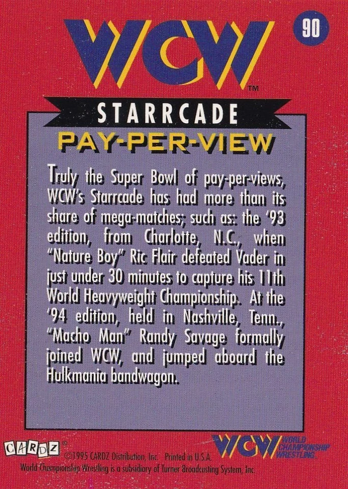 Lote de 600 tarjetas de evento principal Hulk Hogan Sting Vader 1995 Cardz WCW #90 Starrcade Foto 3 de 4