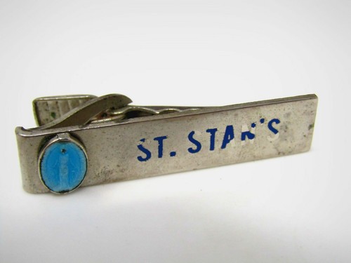 Vintage St. Stan's Krawattenklammer Bar blau Emaille Jungfrau Maria Wundertätige Medaille Metall