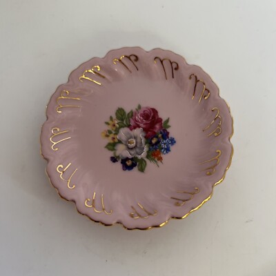 Vintage Leander 1946 RGK Pink Porcelain Ring Dish W/Flowers 14 Karat Gold Accent
