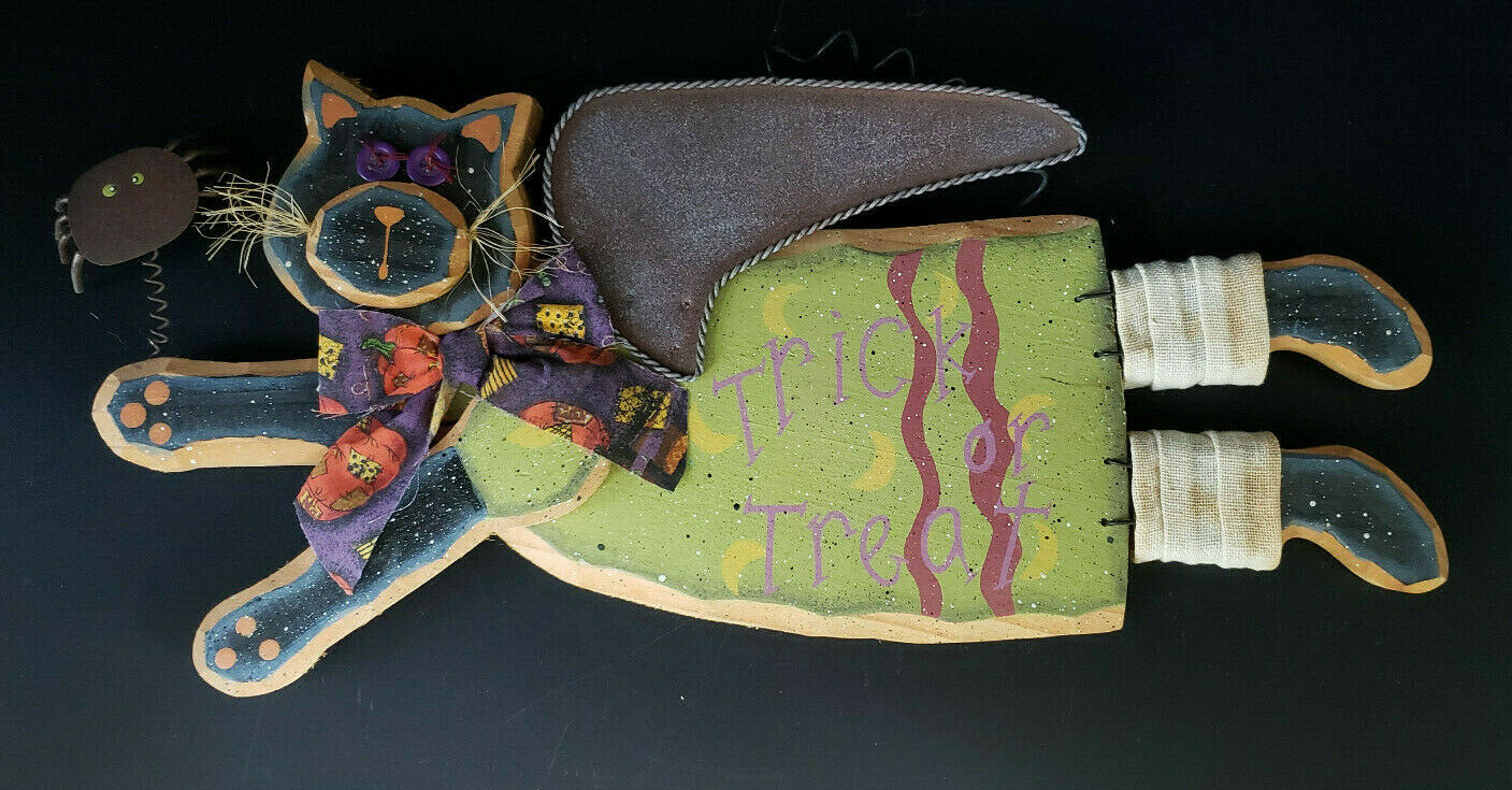 Primitive Wooden Halloween Cat Trick or Treat Wall or Door Hanger eBay