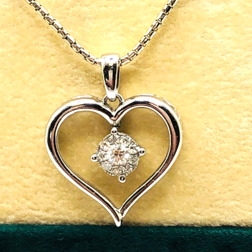 Collier pendentif cœur vintage Estate or blanc 14 carats diamant 18 pouces - Photo 1 sur 5