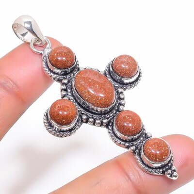 Red Goldstone Gemstone Handmade 925 Sterling Silver Jewelry Pendant Size 2.7''