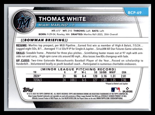 2025 Bowman Mega Box BCP-69 Thomas White Marlins 1st Bowman Mojo Refractor - Bild 2 von 2