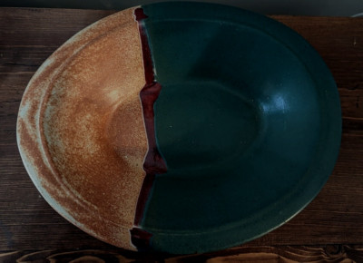 TESTED BY FIRE POTTERY Drip Glaze Serving Dish  Rob Grimes Tan Red Green