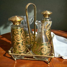 Vintage Culver Valencia Oil & Vinegar Cruet Set 22k Gold Green Glass Caddy MCM