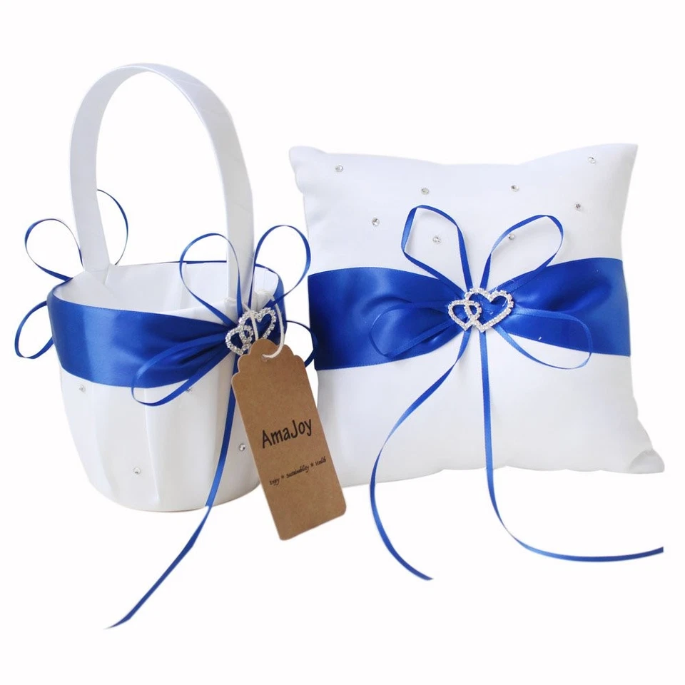 Conjunto de casamento 2 peças cetim branco e cesta de florista azul real e anel travesseiro... - Imagem 3 de 4