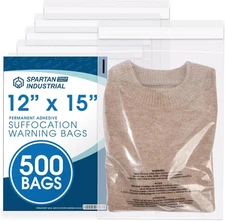 Spartan Industrial 500 pieces 12x15 Clear Poly Bags Suffocation Warning SelfSeal