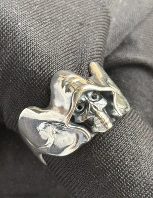 Vintage Ring Skull Silver 925 Jewelry Mask Mens Sterling Biker Gothic Satan Rare - Image 1 of 4
