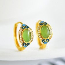 S925 Silver Green Jade Oval Hoop With Blue Cloud Enamel Detail