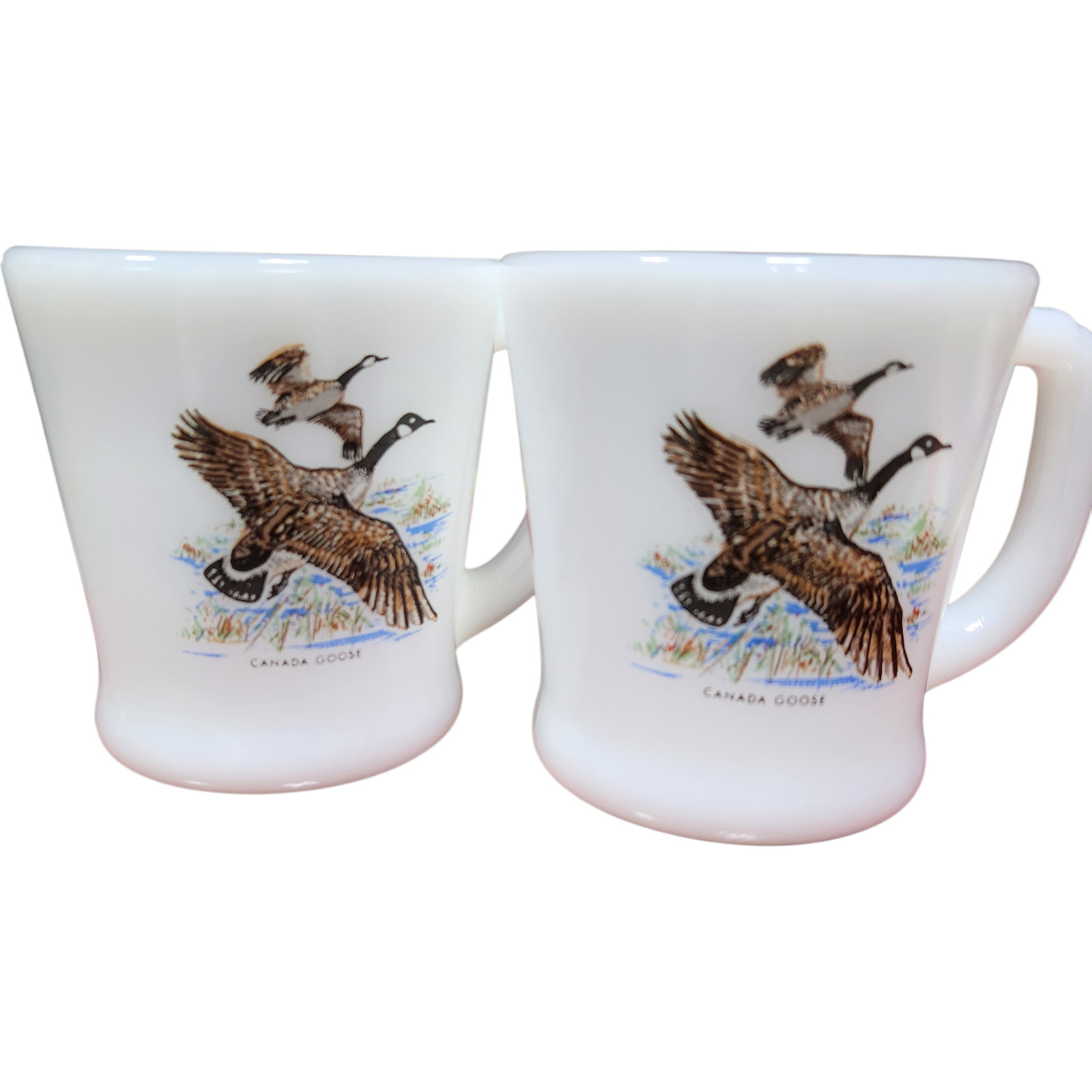 FIRE KING Game Bird COFFEE CUPS Milk Glass Cups:  Canada Goose X2 - Vintage