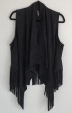 Mittoshop Large Black Faux Suede 5.5 Inch Fringe Western Boho Biker Vest EUC