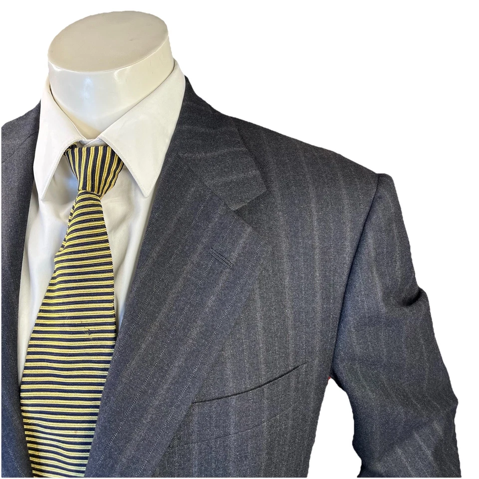 Juego de traje vintage de 2 piezas Luciano Barbera para hombre 42L 36x31 franela de lana a rayas Italia Foto 3 de 4