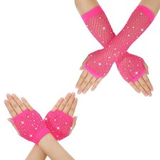 2 Pairs Fishnet Gloves Fingerless for Kids Women with Rhinestone Short  Long
